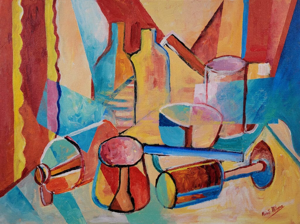 Nature morte cubiste 20210714_132256 Acrylique sur carton entoilé 12x16 po. 30,5x40,5 cm.