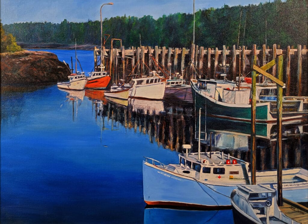 Port de pêche à Campobello 20210714_100950 Huile sur toile de coton montée 18x24 po. 45,5x60,5 cm.