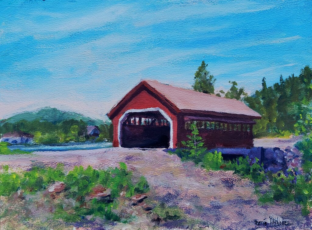 Le pont couvert 20210714_120315 Acrylique sur panneau d’isorel (masonite) 9x12 po. 22,5x30,5 cm.