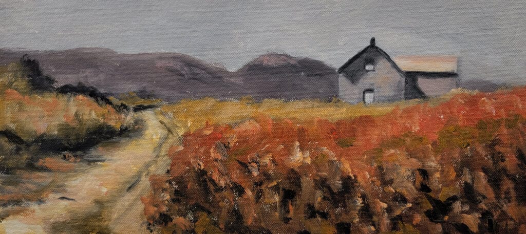 Maison sur l’Île Bonaventure 20210714_133852 Acrylique sur toile de coton non montée 6,5x14 po. 16x35 cm.
