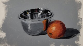 Cul de poule et orange 20210714_095037 Acrylique sur panneau d’isorel (masonite) 9x12 po. 22,5x30,5 cm