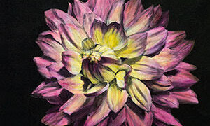 Le dahlia 20210714_105515 Huile sur toile de coton montée galerie avec fini en résine époxy 12x12 po. 30,5x30,5 cm.