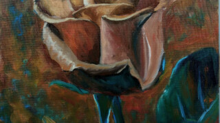 Rose en orange et vert 20210714_130915 Huile sur carton entoilé 14x18 po. 35,5x45,5cm